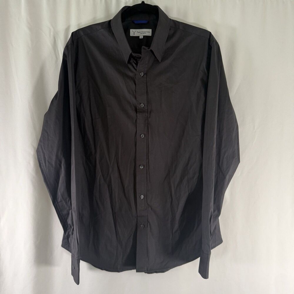 Teddy Stratford Dress Shirt Men's 3 M/L Dark Grey Long Sleeve Button Up Cotton